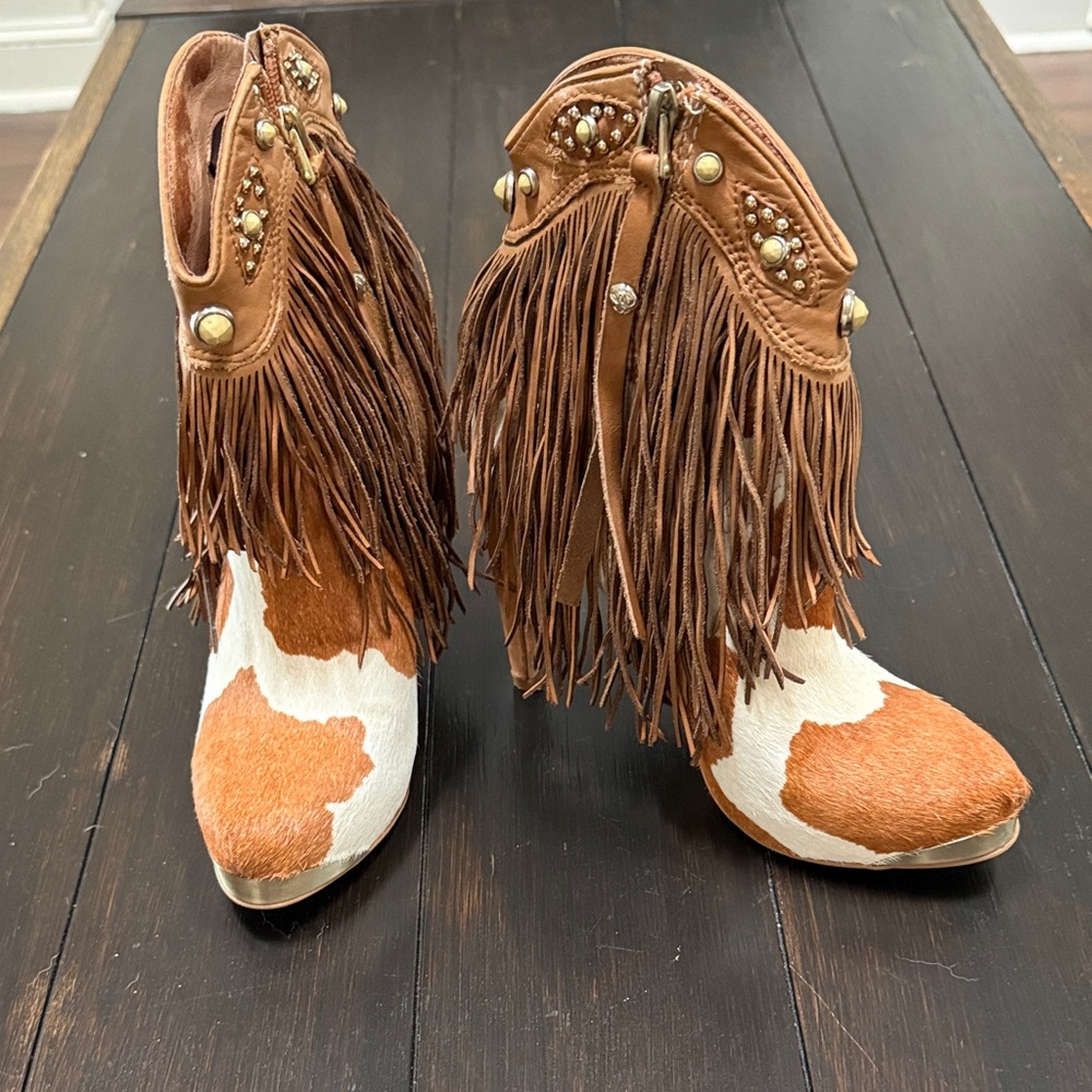 Sam Edelman Brown and White Fringe Ankle Boots